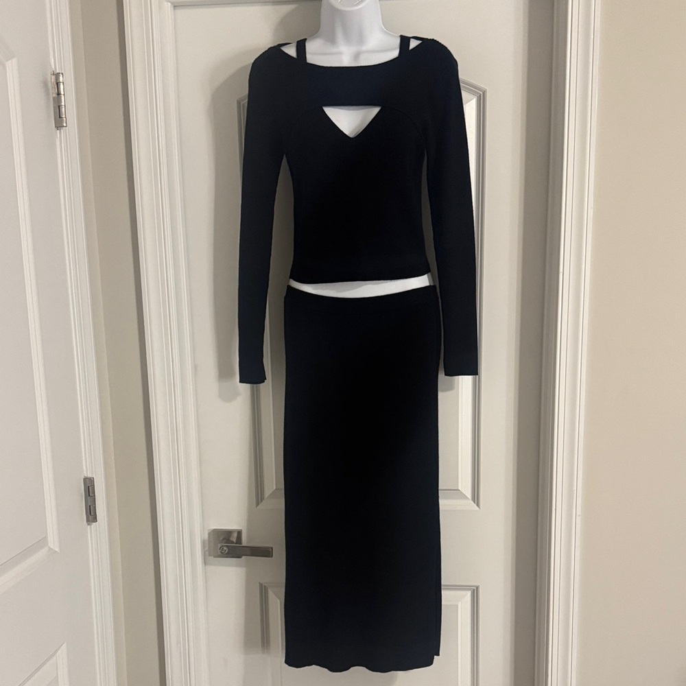 Chic Black Cutout Long Sleeve Top/Maxi Skirt Set